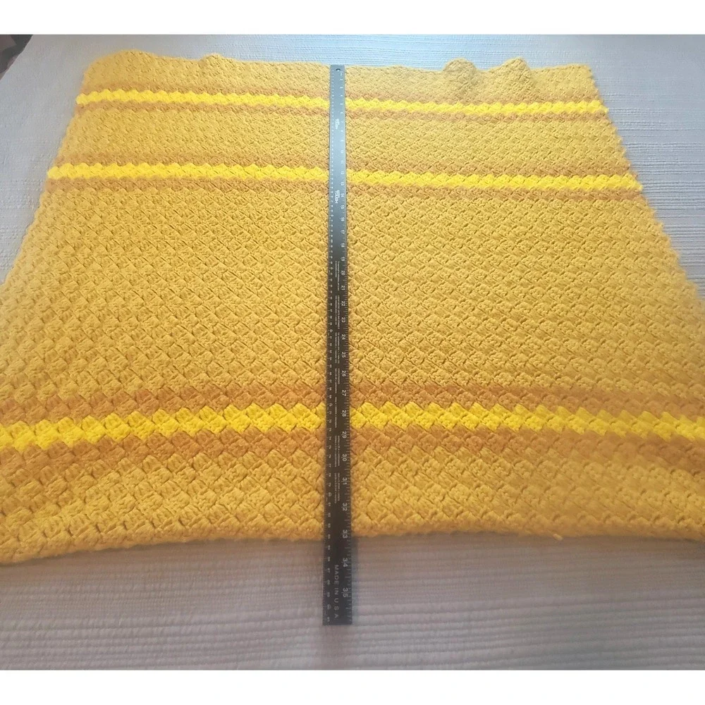 Vintage Handmade Crochet Lap Blanket Retro 70s Burnt Orange Mustard Yellow Throw